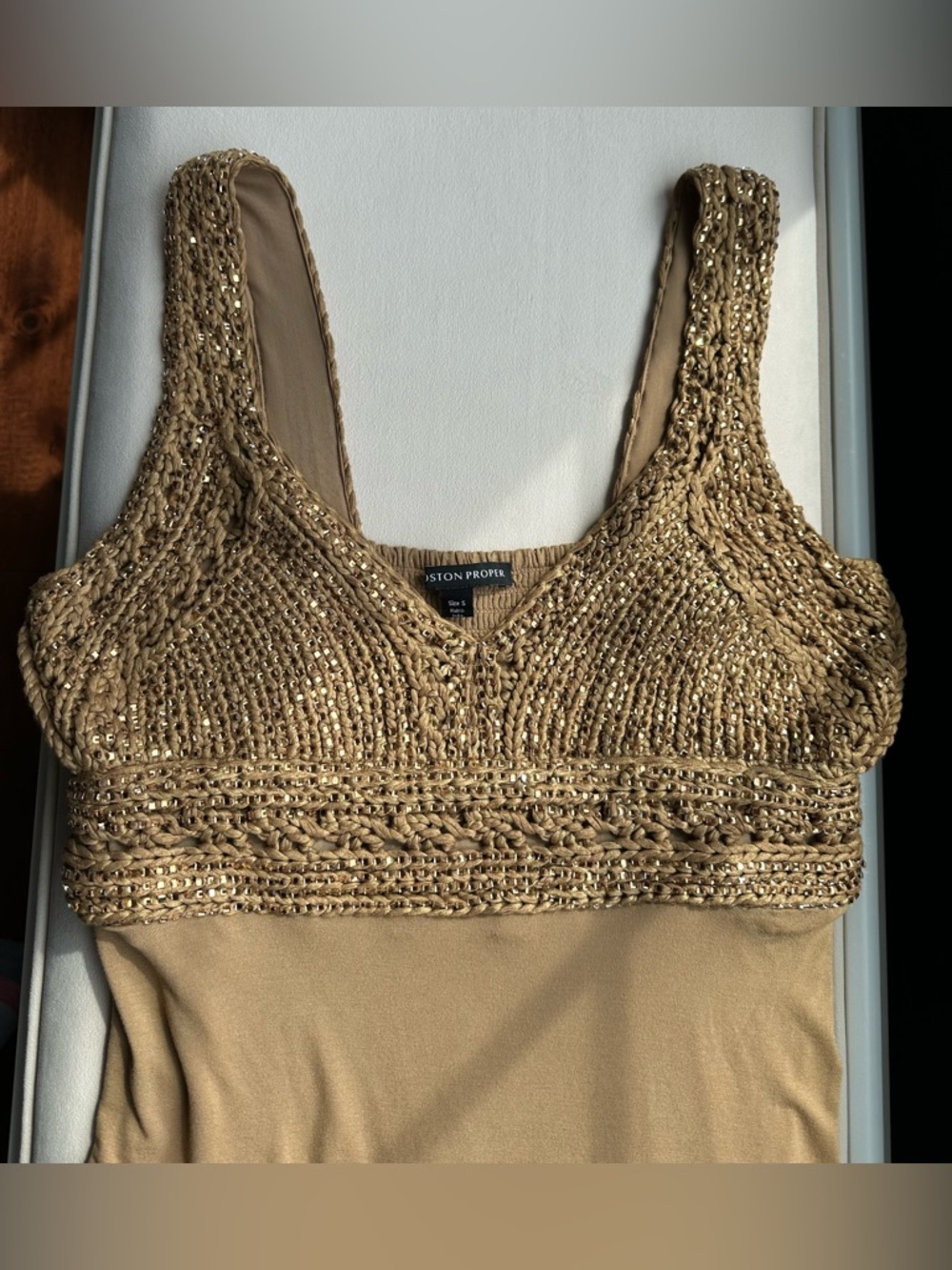 Boston Proper Gold Crochet-Trim Sequined Tank Top NWOT - Picture 5 of 5